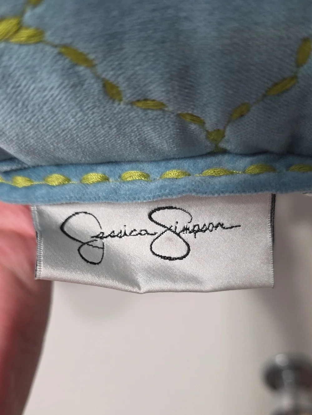 Jessica Simpson Teal Velvet Pillow with Green Lattice Stitching
